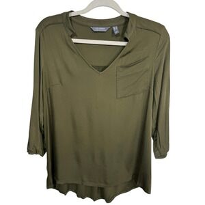 Lisa Rinna Collection Olive Green Popover Blouse Stretch Rayon 3/4 Sleeve Medium